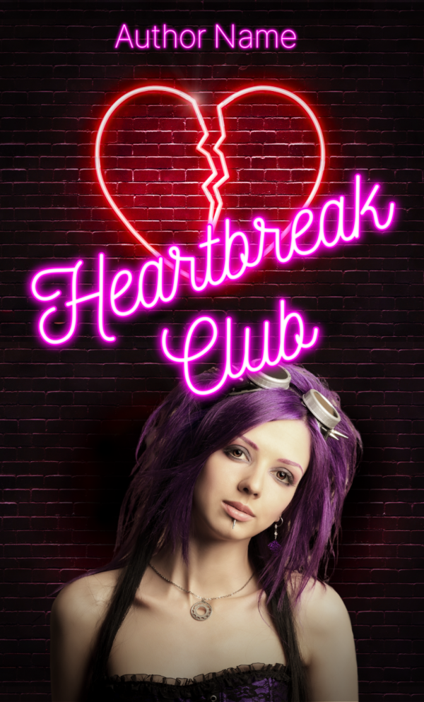 Book cover featuring a young woman with long purple hair, wearing a black outfit and goggles on her head, standing against a dark brick wall. Above her, a broken neon heart and cursive neon text read "Heartbreak Club." This stunning Ebook & Paperback Premade Book Cover displays "Author Name" at the top. BookSelf Book Cover Design & Premade Book Covers