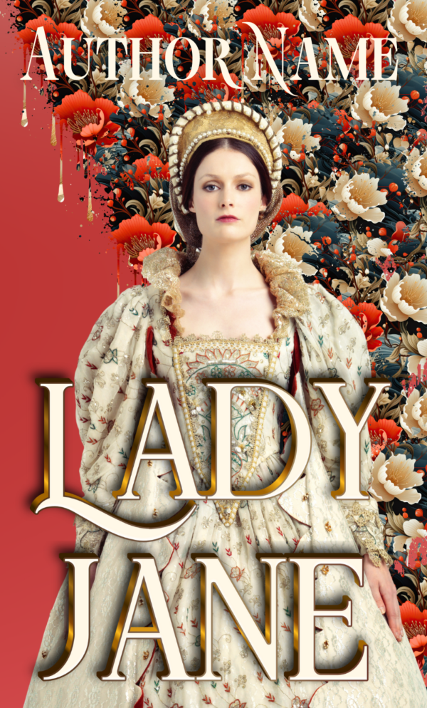 A Lady Jane: Premade Book Cover titled "LADY JANE" in large gold letters. It features a woman in an elaborate historical gown, complete with a headdress. The background is split between a rich red on the left and an intricate floral pattern on the right. The top text reads "AUTHOR NAME. BookSelf Book Cover Design & Premade Book Covers