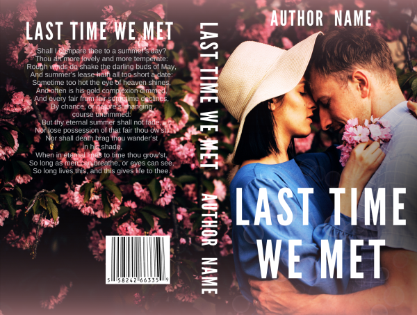 The Premade Ebook & Paperback Book Cover features a close-up of a couple in a tender embrace set against a backdrop of pink blossoms. The woman wears a wide-brimmed hat, while the man holds her gently. The title is prominently displayed in bold white letters, with the author's name at the top and along the spine. A poetic excerpt graces the back cover. BookSelf Book Cover Design & Premade Book Covers