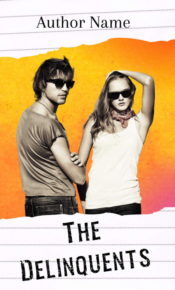 Book cover of "The Delinquents" featuring a man and woman standing back-to-back, both wearing sunglasses. The man has a beard and wears a casual outfit, while the woman has long hair and wears a white tank top with a red scarf around her neck. The background is a blend of orange and yellow hues. BookSelf Book Cover Design & Premade Book Covers
