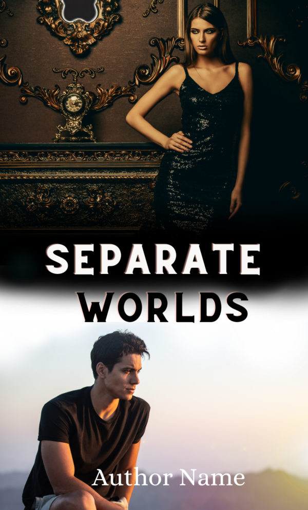 The Ebook & Paperback Premade Book Cover for "Separate Worlds" features a glamorous woman in a black dress standing confidently against an ornate backdrop, while a man in casual attire sits pensively outdoors at sunset. The title divides the two scenes, with the author's name below the man. BookSelf Book Cover Design & Premade Book Covers
