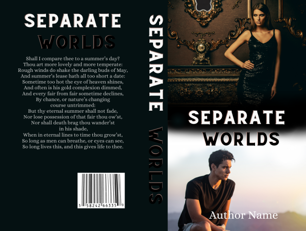 The Ebook & Paperback Premade Book Cover for "Separate Worlds" features two distinct images. The front has a young man sitting outdoors, looking contemplative, with the title above him. The back showcases a woman in an elegant black dress standing against a dark background, complete with synopsis text and a barcode at the bottom. BookSelf Book Cover Design & Premade Book Covers