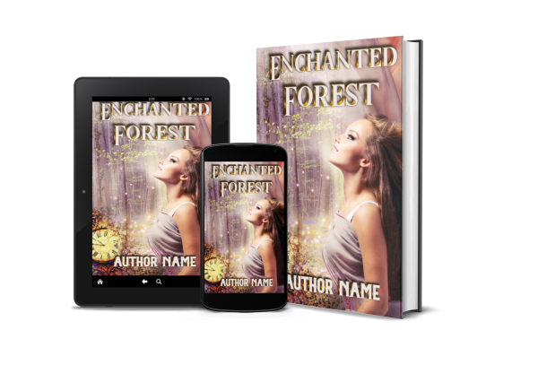 A book titled "Enchanted Forest" is displayed in three formats: an e-reader, a smartphone, and a hardcover. The cover features a young woman gazing upwards, surrounded by a mystical forest with ethereal lights. The author's name is shown at the bottom of each version. BookSelf Book Cover Design & Premade Book Covers