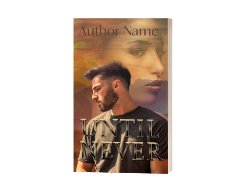 A Premade Ebook & Paperback Book Cover features a pensive man with short hair and a beard in the foreground, looking downwards. In the background, there's an image of a serene woman's face superimposed over a sunset-lit landscape. The author's name appears at the top of the cover. BookSelf Book Cover Design & Premade Book Covers