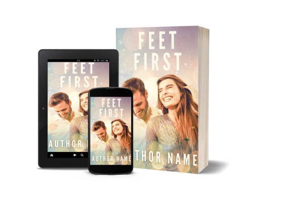 A book titled "Premade Ebook & Paperback Book Cover" with the author's name visible is displayed in three formats: a paperback, a tablet, and a smartphone. The cover shows a smiling woman with long hair in the foreground and a man smiling in the background. The scene is brightly lit with a soft bokeh effect. BookSelf Book Cover Design & Premade Book Covers