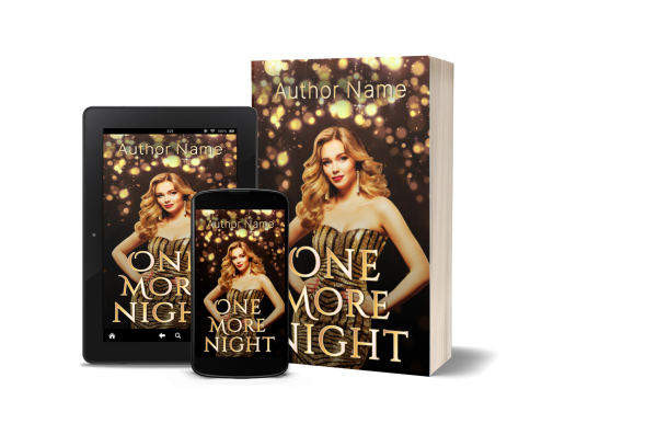 The image showcases three representations of "One More Night" by Author Name. The cover displays a glamorous woman with wavy blonde hair, wearing a gold and black dress. Titled "Premade Ebook & Paperback Book Cover," the book is shown on a tablet, a smartphone, and as a paperback, all with the same elegant design. BookSelf Book Cover Design & Premade Book Covers