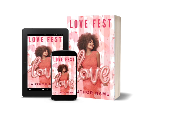 Introducing "Premade Ebook & Paperback Book Cover," a captivating book with a premade cover featuring a smiling woman with curly hair in a peach dress. The pink background adorned with heart patterns adds charm. Available in e-reader, smartphone, and paperback formats, the author's name is elegantly displayed at the bottom. BookSelf Book Cover Design & Premade Book Covers