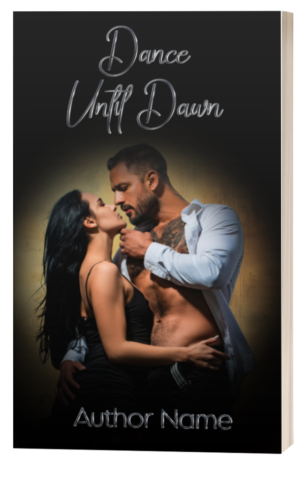 The cover of "Dance Until Dawn: Premade Ebook & Paperback Book Cover" features a man and woman in an intimate pose. The woman, with long dark hair and wearing a black dress, faces the man, who has dark hair, an open white shirt, and is shirtless underneath. "Author Name" is elegantly printed at the bottom. BookSelf Book Cover Design & Premade Book Covers