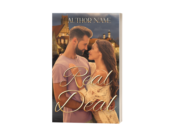 A Premade Ebook & Paperback Book Cover titled "Real Deal," displaying a tender moment between a man and a woman who are gazing into each other's eyes. They stand close, wrapped in an affectionate embrace. The background features a scenic evening view of quaint village houses under a dusky sky. BookSelf Book Cover Design & Premade Book Covers