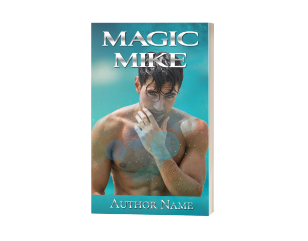 A premade book cover titled "Premade Ebook & Paperback Book Cover" features a muscular, shirtless man with short dark hair. He appears to be wet, possibly emerging from water, and is looking directly at the camera with one hand touching his face. The background is a teal water texture with light reflections. The author's name is at the bottom. BookSelf Book Cover Design & Premade Book Covers