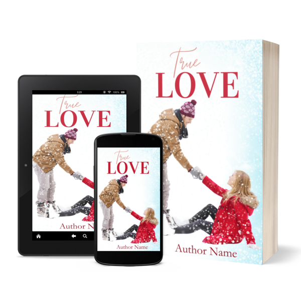 A book cover and its display on a tablet and smartphone screen. The cover, titled "True LOVE" by Author Name, shows a man helping a woman stand up in a snowy scene. He is wearing a tan coat and purple hat, while she wears a red coat. Snowflakes are falling around them. BookSelf Book Cover Design & Premade Book Covers