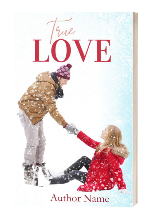 A book cover titled "True Love" shows a man in a brown jacket helping a woman in a red coat stand up from the snow. Snowflakes gently fall around them, and both are smiling warmly. "Author Name" is printed at the bottom of the cover. BookSelf Book Cover Design & Premade Book Covers