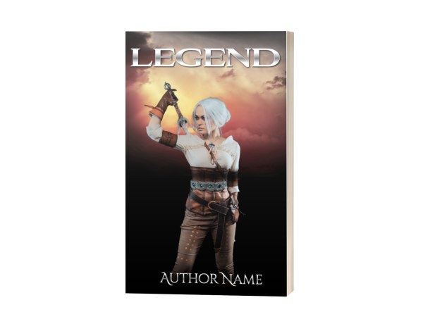 Premade Ebook & Paperback Book Cover for "Legend" by Author Name. Features a white-haired, armored warrior holding a sword aloft against a dramatic sky with dark clouds and a setting sun. The title "LEGEND" is in bold white text at the top, and "AUTHOR NAME" is at the bottom. The overall feel is adventurous and heroic. BookSelf Book Cover Design & Premade Book Covers