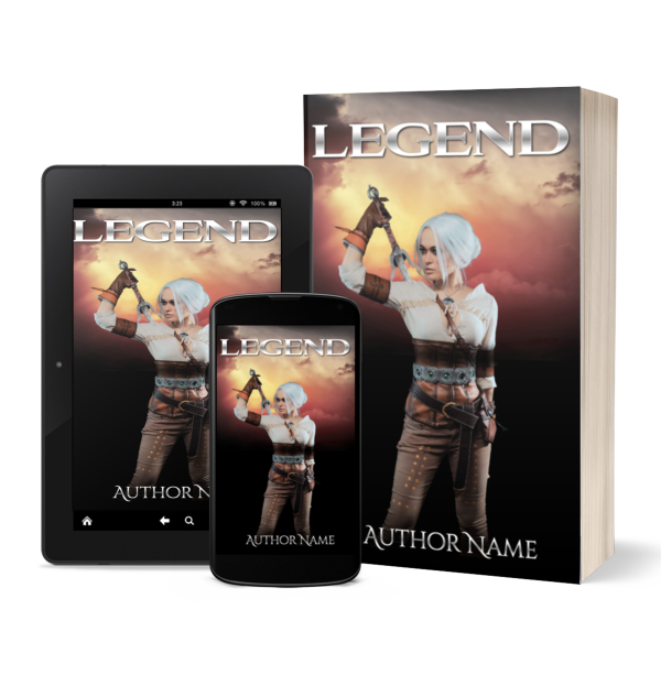 The book titled "LEGEND" features a white-haired woman in fantasy attire wielding a sword. The cover art, also showcased on a tablet and smartphone, is a stunning Premade Ebook & Paperback Book Cover. At the bottom, the text "Author Name" is visible against a dramatic sunset with cloudy skies in the background. BookSelf Book Cover Design & Premade Book Covers