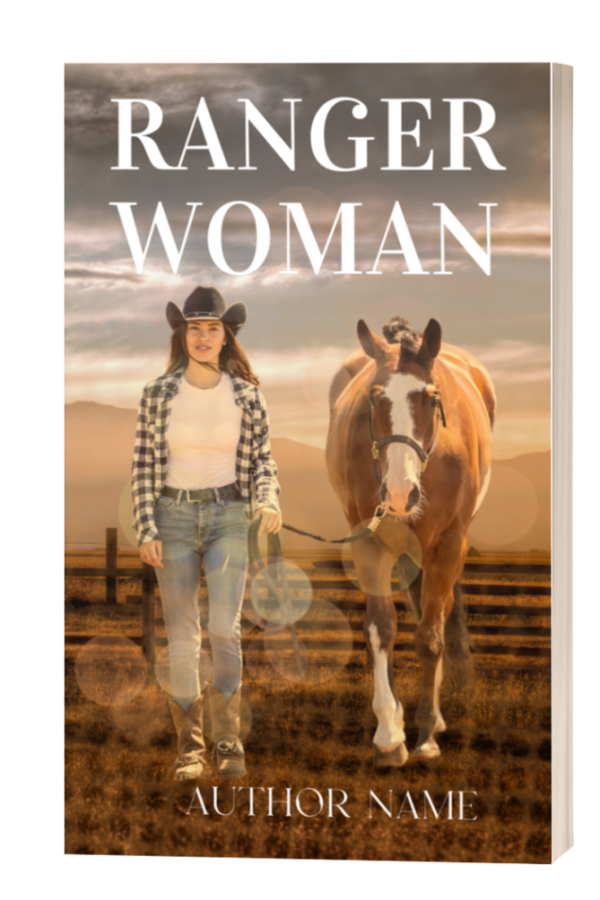 A book cover titled "Ranger Woman". It depicts a woman in a cowboy hat, plaid shirt, and jeans walking alongside a brown and white horse. They are set against a rural, fenced-in field with a sunset in the background. The name of the author is written at the bottom. BookSelf Book Cover Design & Premade Book Covers