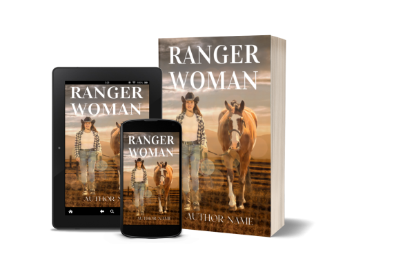 A book titled "Ranger Woman" features a cover image of a woman in a cowboy hat and jeans holding the reins of a horse in a rustic setting. The cover is displayed on a tablet, smartphone, and a physical book. The author name is displayed at the bottom of each version. BookSelf Book Cover Design & Premade Book Covers