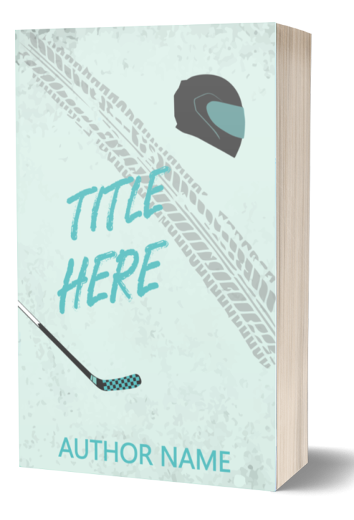 3D rendering of a book with a light blue cover. The cover features a hockey helmet, a hockey stick, and tire tracks. Text placeholders for the title and author name are filled with “Title Here” and “Author Name” in turquoise and white fonts respectively. The book's pages are visible at the side. BookSelf Book Cover Design & Premade Book Covers