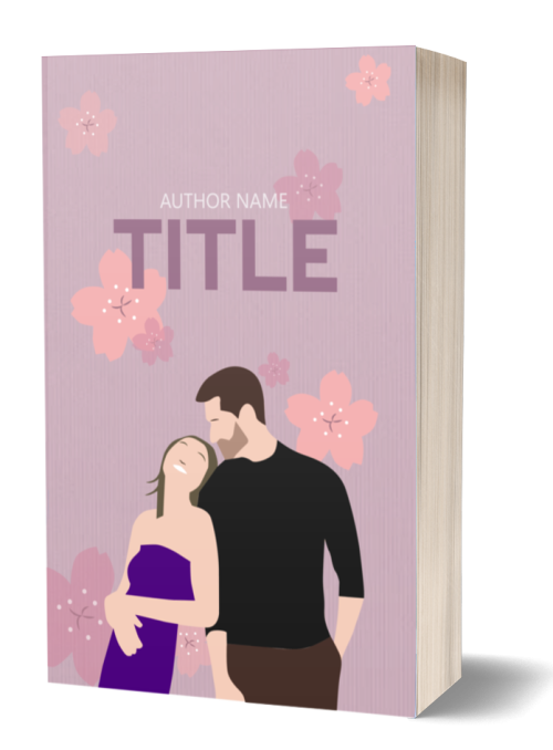 A 3D rendering of a book with a light purple cover featuring a minimalist illustration of a couple. The woman, in a purple dress, leans affectionately on the man, who wears a black shirt. Pink cherry blossoms are scattered across the background. The title and author's name are in white text. BookSelf Book Cover Design & Premade Book Covers