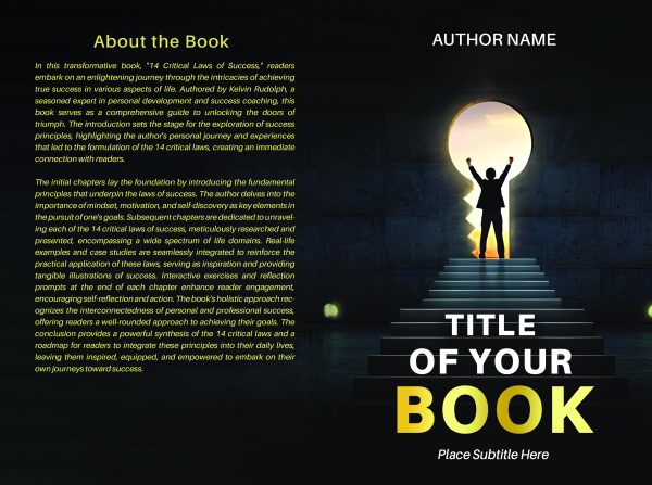 Image of an Ebook & Paperback Premade Book Cover with the title "TITLE OF YOUR BOOK" and the subtitle "Place Subtitle Here." The background showcases a shadowy individual raising their arms triumphantly at the top of illuminated stairs, leading to a shining keyhole. Top left text, "About the Book" section, with a synopsis. BookSelf Book Cover Design & Premade Book Covers
