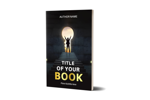 A 3D rendering of a book titled "TITLE OF YOUR BOOK" with "AUTHOR NAME" mentioned at the top. The cover features a person standing at the top of a staircase, arms raised, facing a bright, circular light opening in a wall. The placeholder "Place Subtitle Here" is positioned below the title. BookSelf Book Cover Design & Premade Book Covers