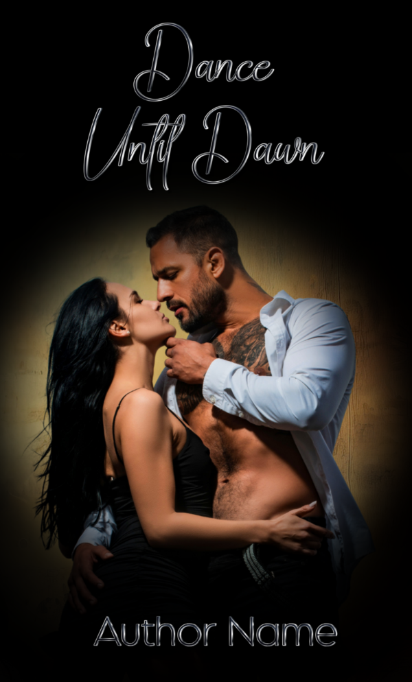 A Premade Ebook & Paperback Book Cover features a woman with long black hair and a man with a muscular build. They are facing each other closely, the man partially unbuttoning his shirt. The background is dark, and the title and author's name are written in elegant, cursive typography. BookSelf Book Cover Design & Premade Book Covers