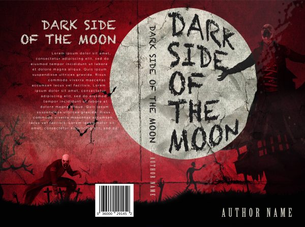The book cover titled "Dark Side of the Moon" features dark, eerie imagery. The background showcases a large, ominous full moon with the title text on it, against a crimson sky with bare trees. In the foreground, a vampire in a long coat and menacing posture stands near gravestones. Author name at bottom. BookSelf Book Cover Design & Premade Book Covers