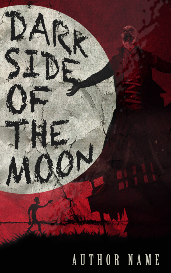 A dark and eerie book cover features a large, cracked moon against a red sky. The title "Dark Side of the Moon" is written in a jagged, distressed font. Silhouettes of a menacing figure and a person running appear below. The author's name is shown at the bottom in a bold, uppercase font. BookSelf Book Cover Design & Premade Book Covers