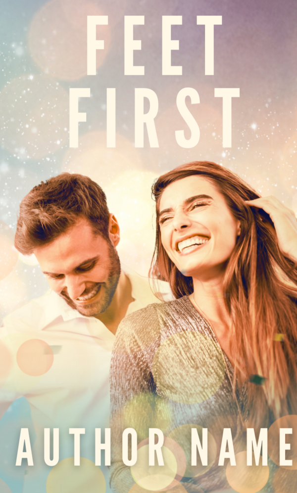The Premade Ebook & Paperback Book Cover titled "Feet First" shows an image of a smiling woman with long hair and a man with short hair, both looking happy and relaxed. They are surrounded by a bokeh effect of light and colors, with the author's name displayed in uppercase letters at the bottom. BookSelf Book Cover Design & Premade Book Covers