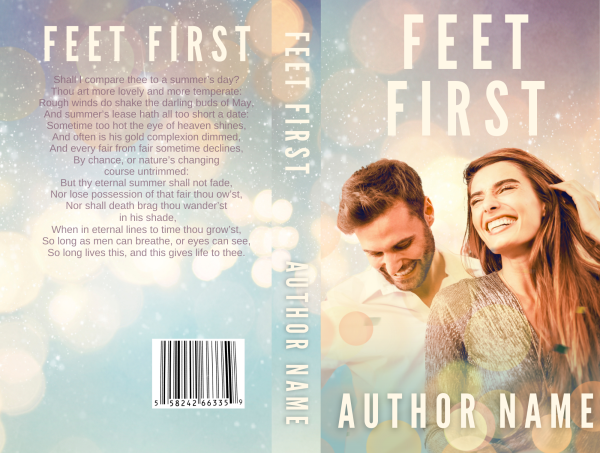 Book cover for "Feet First: Premade Ebook & Paperback Book Cover" by [Author Name]. The front shows a man and woman smiling against a backdrop of blurred lights. The spine and back indicate a poetic excerpt printed in white text, with layered colorful bokeh patterns. A barcode is situated at the bottom left on the back. BookSelf Book Cover Design & Premade Book Covers
