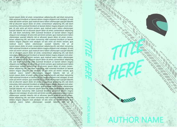 A light green book cover with black tire marks and a minimalist hockey helmet on the front and back. The text "TITLE HERE" and "AUTHOR NAME" appear in teal. A hockey stick is diagonally placed on the front. The spine displays "AUTHOR NAME" and "TITLE HERE" vertically. Text blocks simulate placeholders. BookSelf Book Cover Design & Premade Book Covers