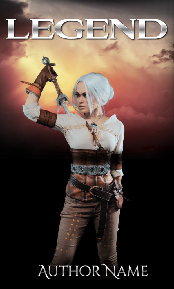 A woman with white hair, braided to the side, is dressed in brown leather pants, a white blouse, and a fingerless glove. She holds a sword above her shoulder, looking focused against the dramatic backdrop of a cloudy sunset. The text "LEGEND" appears at the top with "AUTHOR NAME" below on this Premade Ebook & Paperback Book Cover. BookSelf Book Cover Design & Premade Book Covers
