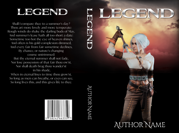A Premade Ebook & Paperback Book Cover. The front features a woman with silver hair holding a sword against a dramatic sky with dark clouds and a hint of sunset. The spine displays the title, and the back includes the same title, a barcode, text resembling a poem, and the author's name at both spine and back. BookSelf Book Cover Design & Premade Book Covers