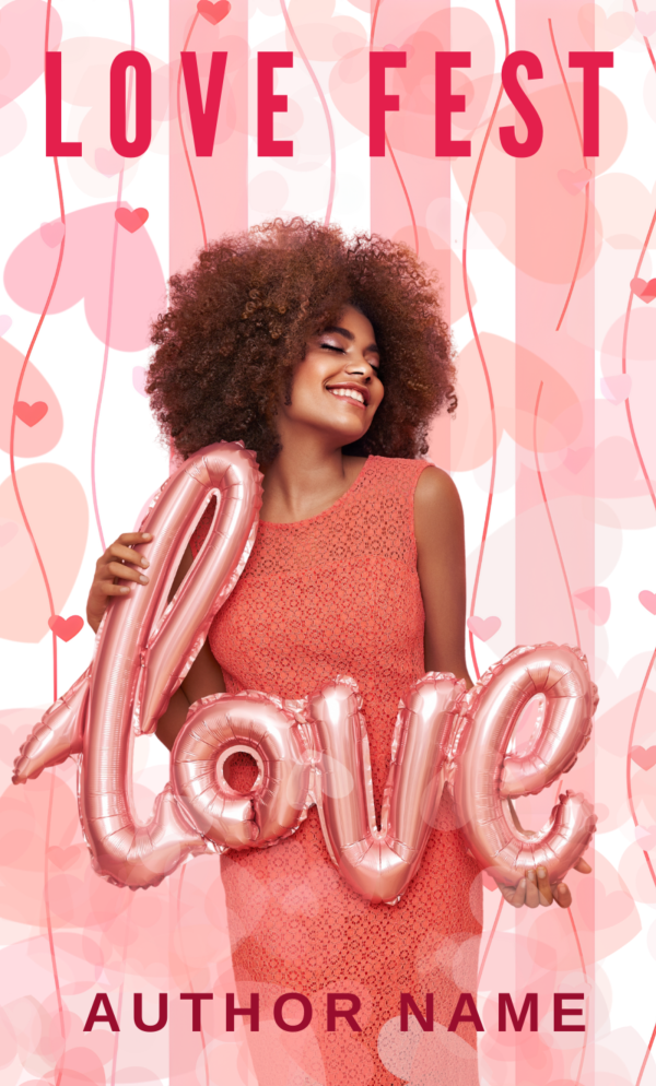 A woman with curly hair wearing a sleeveless coral dress holds pink balloon letters spelling "love" against a background of hearts and vertical pink stripes. The words "Premade Ebook & Paperback Book Cover" appear at the top, and "AUTHOR NAME" is written at the bottom of the image. BookSelf Book Cover Design & Premade Book Covers