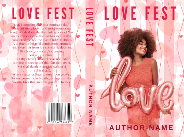 Book cover titled "Premade Ebook & Paperback Book Cover" with an image of a smiling woman with curly hair in a peach dress holding balloon letters spelling "love." The background is decorated with pink and red hearts. The back includes a poetic excerpt. The spine and front cover display the title and author name in bold, pink letters. BookSelf Book Cover Design & Premade Book Covers