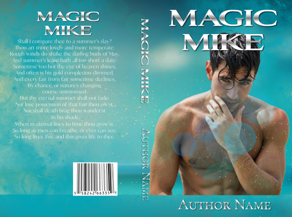 The "Premade Ebook & Paperback Book Cover" features a shirtless man with wet hair and water droplets on his body, emerging from a pool. The background showcases a blue-green watery effect with light reflections. On the left side, poetic text is displayed in white, while the author's name appears in blue at the bottom. BookSelf Book Cover Design & Premade Book Covers