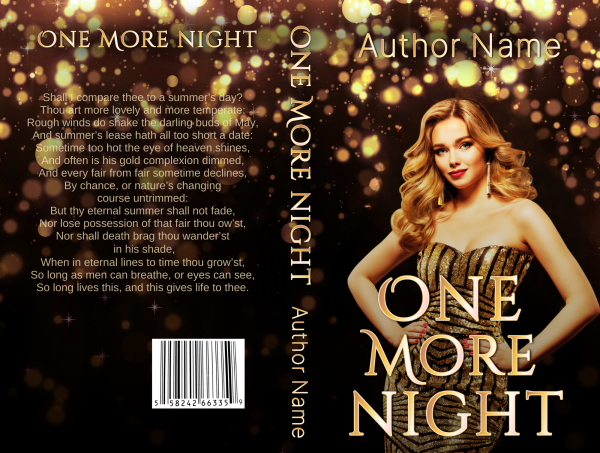 The book cover for "Premade Ebook & Paperback Book Cover" features a glamorous woman with wavy blonde hair in a shimmering, gold strapless dress. She stands confidently against a background filled with golden bokeh lights. The title and author's name are styled in elegant fonts, with the title repeated on the spine. BookSelf Book Cover Design & Premade Book Covers
