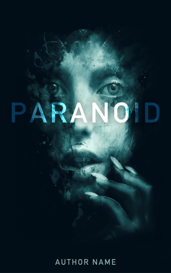 Book cover titled "Paranoid" featuring a haunting close-up of a woman's face. Her eyes are wide open, and her hand with long, sharp nails is near her chin, partially obscured by dark, swirling smoke or shadows. The author's name appears at the bottom against a dark, eerie background. BookSelf Book Cover Design & Premade Book Covers