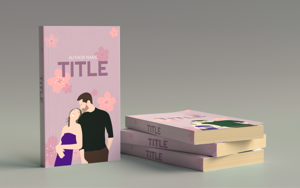 A book cover features an illustration of a couple in an affectionate pose, set against a soft pink background with floral accents. The woman wears a purple dress, and the man, adorned in black, leans his head towards her. The stack of three books to the right shares the same design. BookSelf Book Cover Design & Premade Book Covers