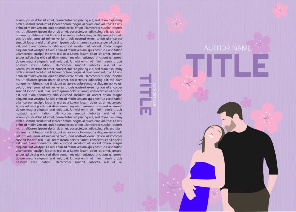 Ebook & Paperback Premade Book Cover with a pastel lavender background featuring an illustration of a couple. The woman, in a blue dress, leans affectionately on the man's shoulder. Pink cherry blossoms are scattered across the floral scene. Placeholder text surrounds the premade book cover with prominent "AUTHOR NAME" and "TITLE. BookSelf Book Cover Design & Premade Book Covers