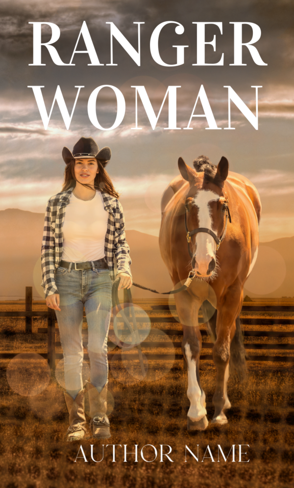 A woman wearing a checkered shirt, white top, jeans, and a cowboy hat walks beside a brown horse on a field with a wooden fence. The sky is cloudy with warm light breaking through. The title "Ranger Woman" is above them, and "Author Name" is at the bottom. BookSelf Book Cover Design & Premade Book Covers