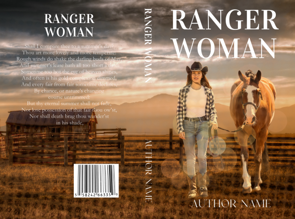 The Ranger Woman Book Cover showcases a rustic ranch and mountains at sunset. A woman in a plaid shirt, jeans, and cowboy hat leads a brown horse. The back cover features a poetic verse and barcode, with the author's name displayed at the bottom of both covers. BookSelf Book Cover Design & Premade Book Covers