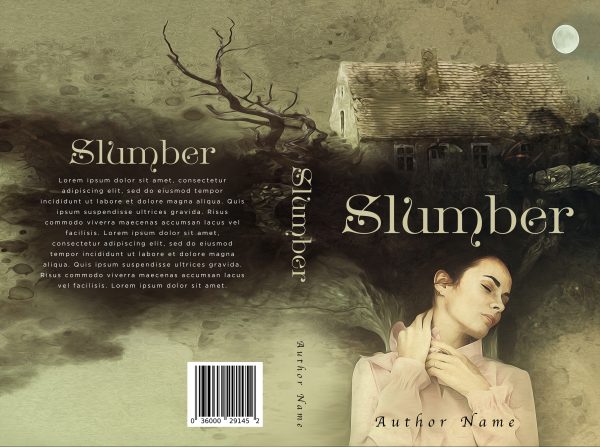 An eerie Ebook & Paperback Premade Book Cover for "Slumber" features a somber woman in a white dress with closed eyes. A spooky landscape with a twisted tree, abandoned house, and full moon looms in the background. The title "Slumber" appears in gothic font, and placeholder text fills the back cover. Author name is "Author Name. BookSelf Book Cover Design & Premade Book Covers