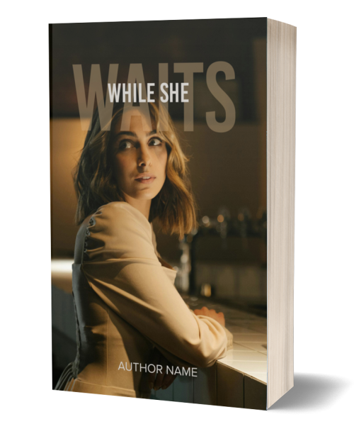 A book titled "While She Waits" features a cover image of a woman with shoulder-length wavy hair, wearing a beige long-sleeved top. She is leaning on a counter in a dimly lit setting. The author's name is written at the bottom of the cover. BookSelf Book Cover Design & Premade Book Covers