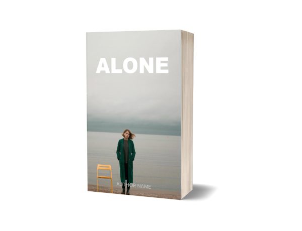 A book cover featuring a young woman standing alone on a desolate beach under a cloudy sky. The title "ALONE" is in large white letters at the top. Below, a yellow chair sits to the left of the woman. The author’s name is placed near the bottom, also in white text. BookSelf Book Cover Design & Premade Book Covers