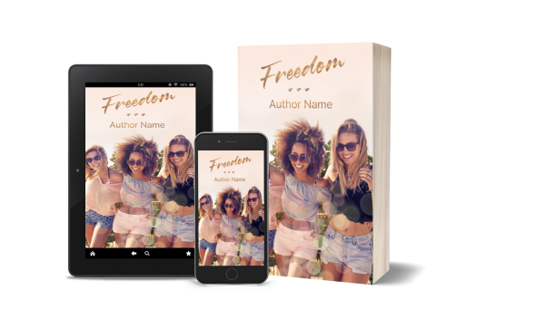 The "Premade Ebook & Paperback Book Cover" showcases a title with "Author Name" beneath, displayed in three formats: an e-reader, smartphone, and paperback. The cover features four women in casual summer attire smiling and walking outdoors, set against a backdrop of sunlight and greenery. BookSelf Book Cover Design & Premade Book Covers