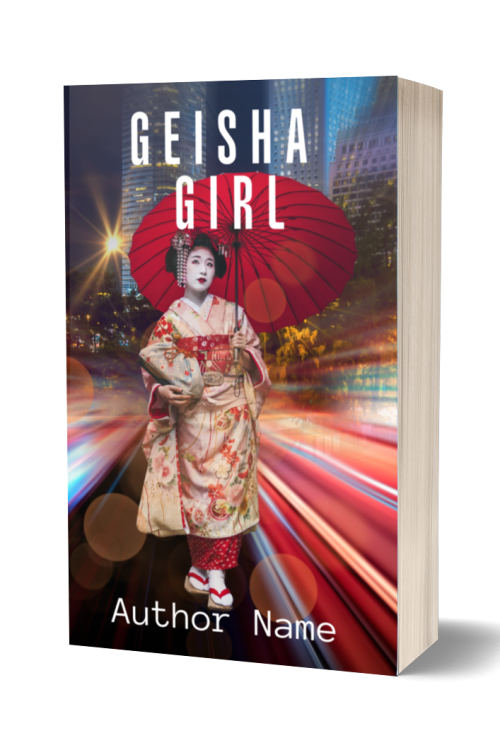 Premade Ebook & Paperback Book Cover" showcases a woman in traditional geisha attire, holding a red umbrella. She stands against the backdrop of a brightly lit, fast-paced cityscape at night, with light trails indicating motion. BookSelf Book Cover Design & Premade Book Covers