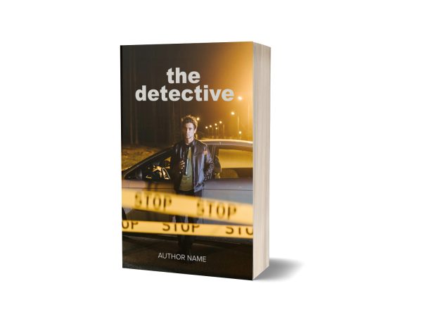 A 3D-rendered book cover titled "The Detective.” The cover features a man standing beside a car at night, illuminated by streetlights. Yellow police tape with "STOP" printed on it is in the foreground. The words "the detective" are written in white at the top, and "AUTHOR NAME" is at the bottom. BookSelf Book Cover Design & Premade Book Covers