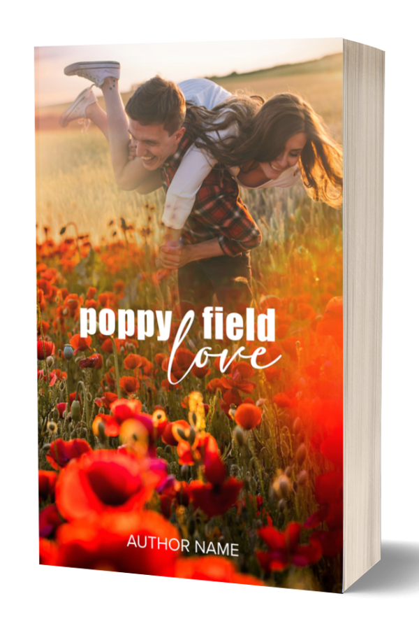A book cover titled "Poppy Field Love" by an unnamed author. The cover features a couple in a field of poppies during sunset. The man carries the woman on his back, both smiling and looking happy. The scene is bathed in warm, golden light, enhancing the romantic atmosphere. BookSelf Book Cover Design & Premade Book Covers