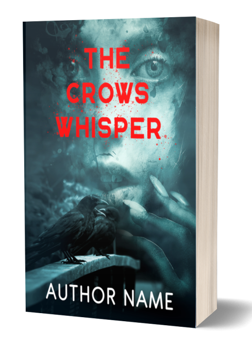 3D book cover of "The Crows Whisper" with eerie, foggy imagery. A mysterious face emerges from the smoke in the background, staring forward. Two crows rest on a wooden fence in the foreground. The title is in bold red letters, with the author's name in white at the bottom. BookSelf Book Cover Design & Premade Book Covers