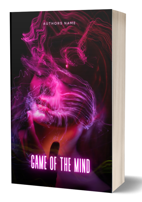 A book cover titled "Game of the Mind" features a mysterious face shrouded in vibrant, swirling pink and purple light trails against a dark background. The author's name is displayed at the top of the cover. The overall design evokes a sense of intrigue and psychological depth. BookSelf Book Cover Design & Premade Book Covers